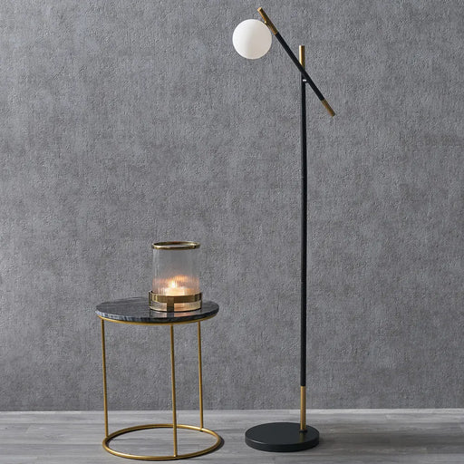 Contemporary Black & Gold Floor Lamp – Sleek Design with Frosted Globe Shade  