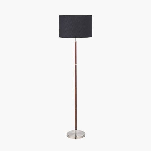 Gianni Brushed Silver and Wood Effect Floor Lamp with Black Faux Cotton Lined Drum Shade- 157cm