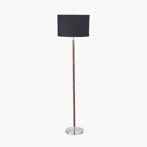 Gianni Brushed Silver and Wood Effect Floor Lamp with Black Faux Cotton Lined Drum Shade- 157cm