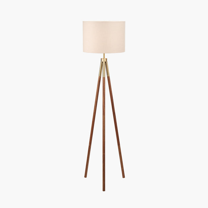 Modern Gold & Walnut Tripod Floor Lamp With Natural Shade - 158cm