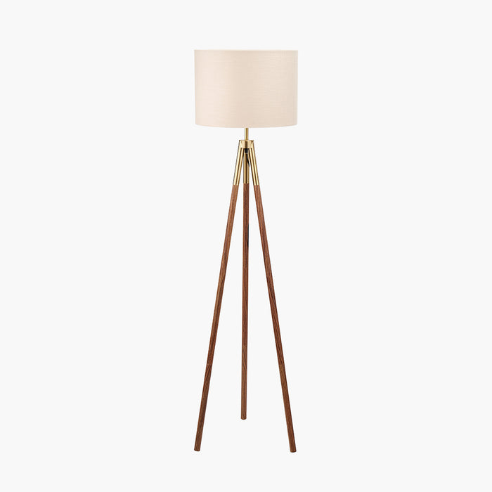 Modern Gold & Walnut Tripod Floor Lamp With Natural Shade - 158cm