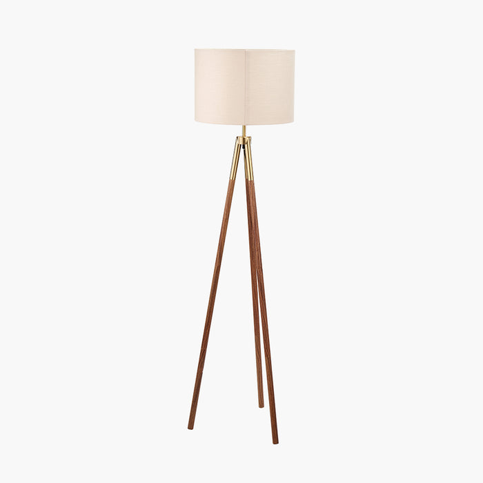 Modern Gold & Walnut Tripod Floor Lamp With Natural Shade - 158cm