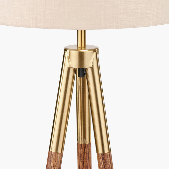 Modern Gold & Walnut Tripod Floor Lamp With Natural Shade - 158cm