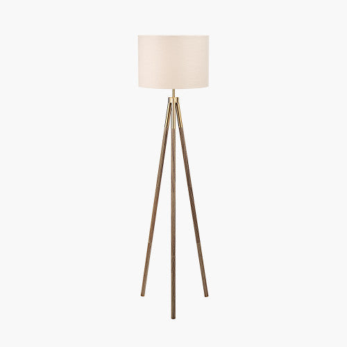 Vali Gold Metal and Brown Wood Grain Tripod Floor Lamp with Natural Lampshade - 158cm