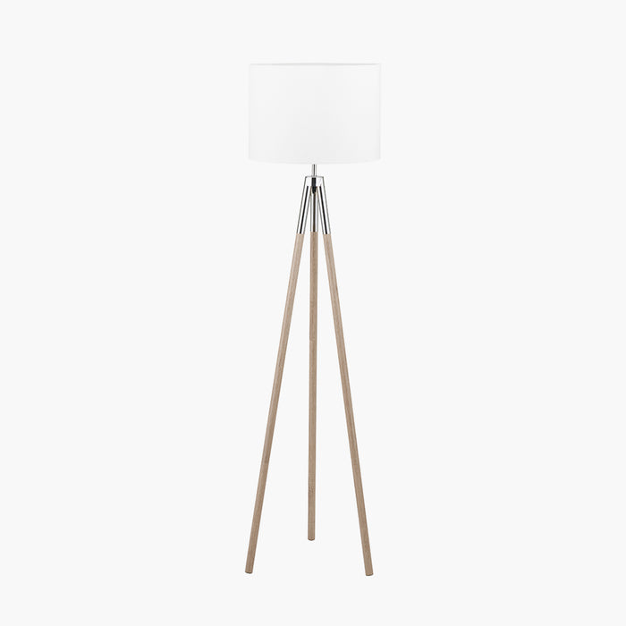 Modern Silver & Grey Wood Tripod Floor Lamp With White Shade - 158cm