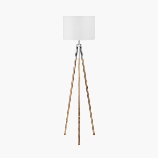 Vali Silver Metal and Grey Wood Grain Tripod Floor Lamp with White Lampshade- 158cm