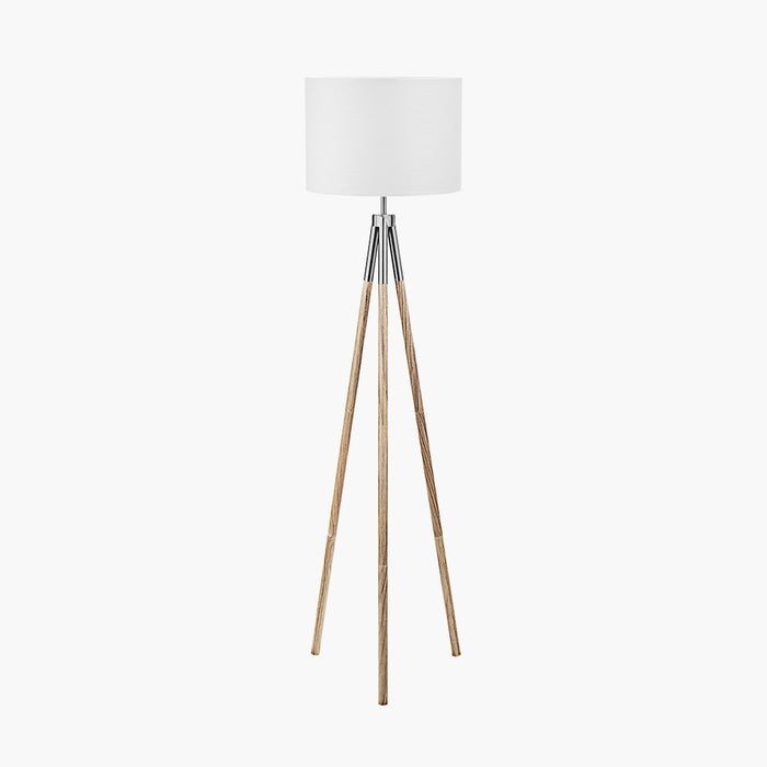 Vali Silver Metal and Grey Wood Grain Tripod Floor Lamp with White Lampshade- 158cm