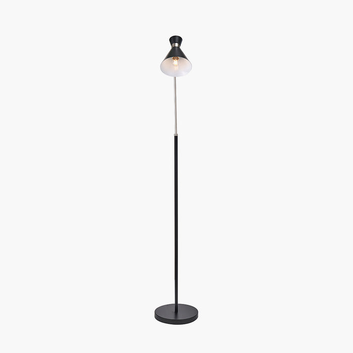 Benedict Black & Brushed Silver Metal Floor Lamp with Funnel Lampshade - 159cm