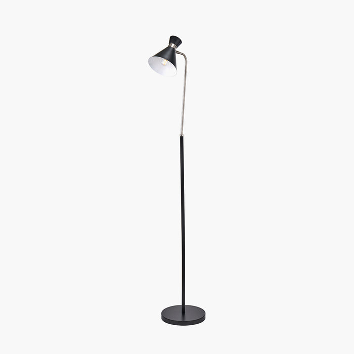 Benedict Black & Brushed Silver Metal Floor Lamp with Funnel Lampshade - 159cm