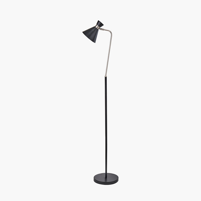 Benedict Black & Brushed Silver Metal Floor Lamp with Funnel Lampshade - 159cm