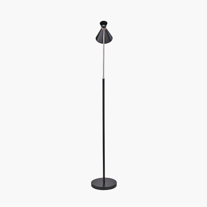 Benedict Black & Brushed Silver Metal Floor Lamp with Funnel Lampshade - 159cm