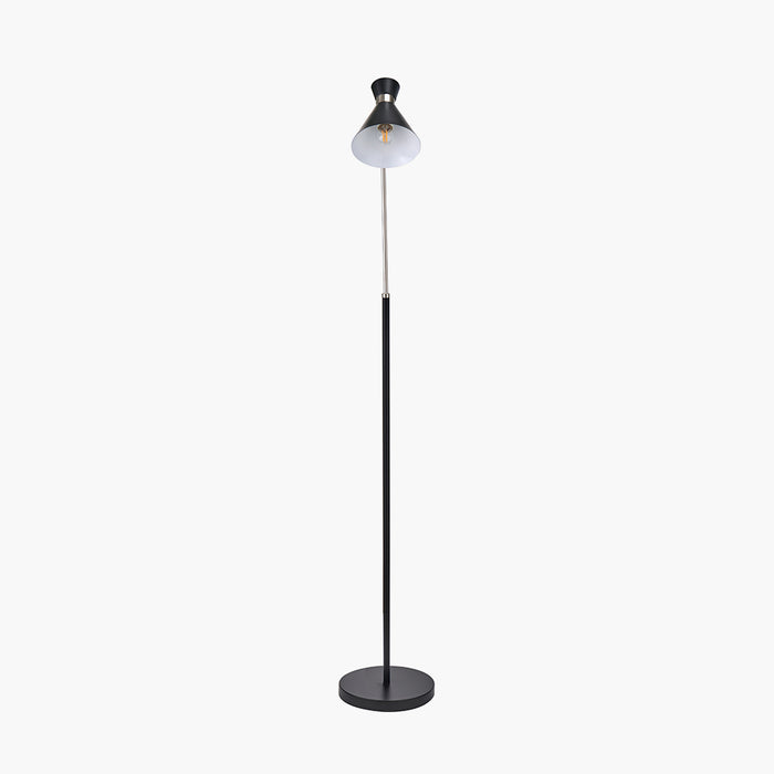 Benedict Black and Brushed Silver Metal Floor Lamp with Funnel Lampshade - 159cm