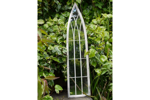 Indoor / Outdoor Distressed White Metal Arch Garden Mirror - 100 x 24 cm - Decor Interiors