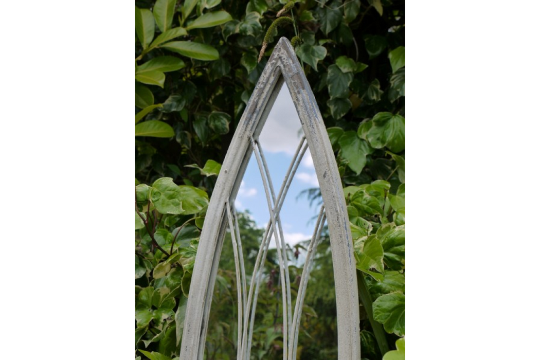 Indoor / Outdoor Distressed White Metal Arch Garden Mirror - 100 x 24 cm - Decor Interiors