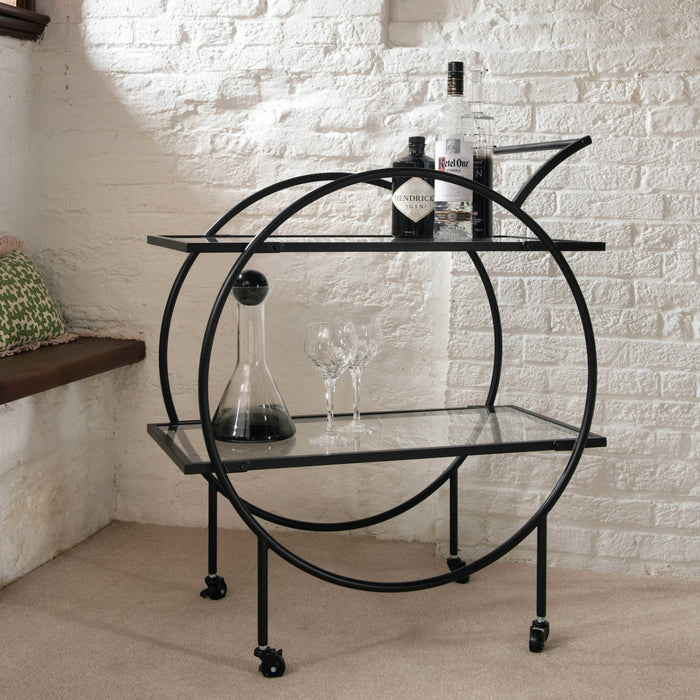 Empire Drinks Trolley, Black Iron, Glass Top, Round