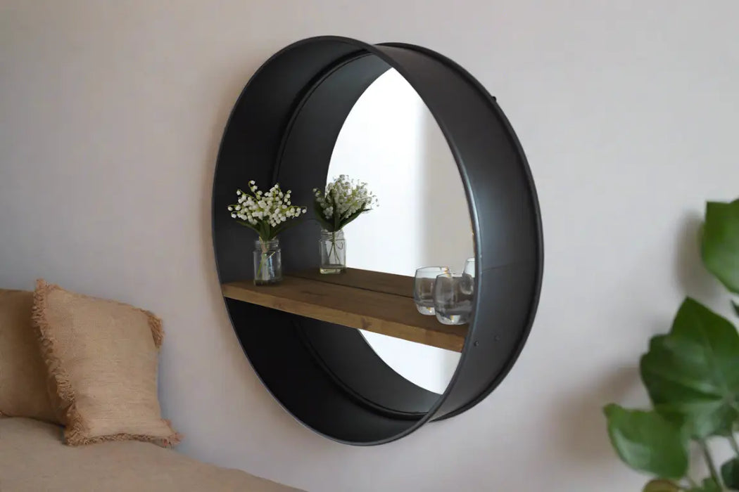 Industrial Black Metal Wall Mirror – Rustic Pine Shelf