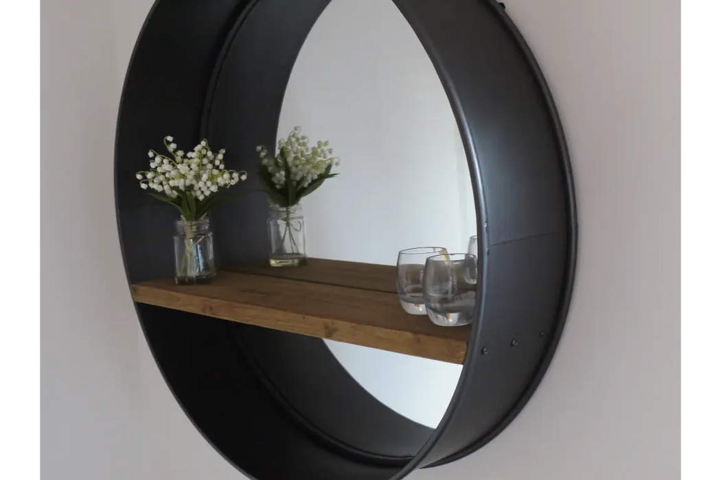 Industrial Black Metal Wall Mirror – Rustic Pine Shelf  