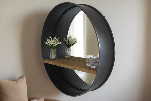 Industrial Black Metal Wall Mirror – Rustic Pine Shelf  