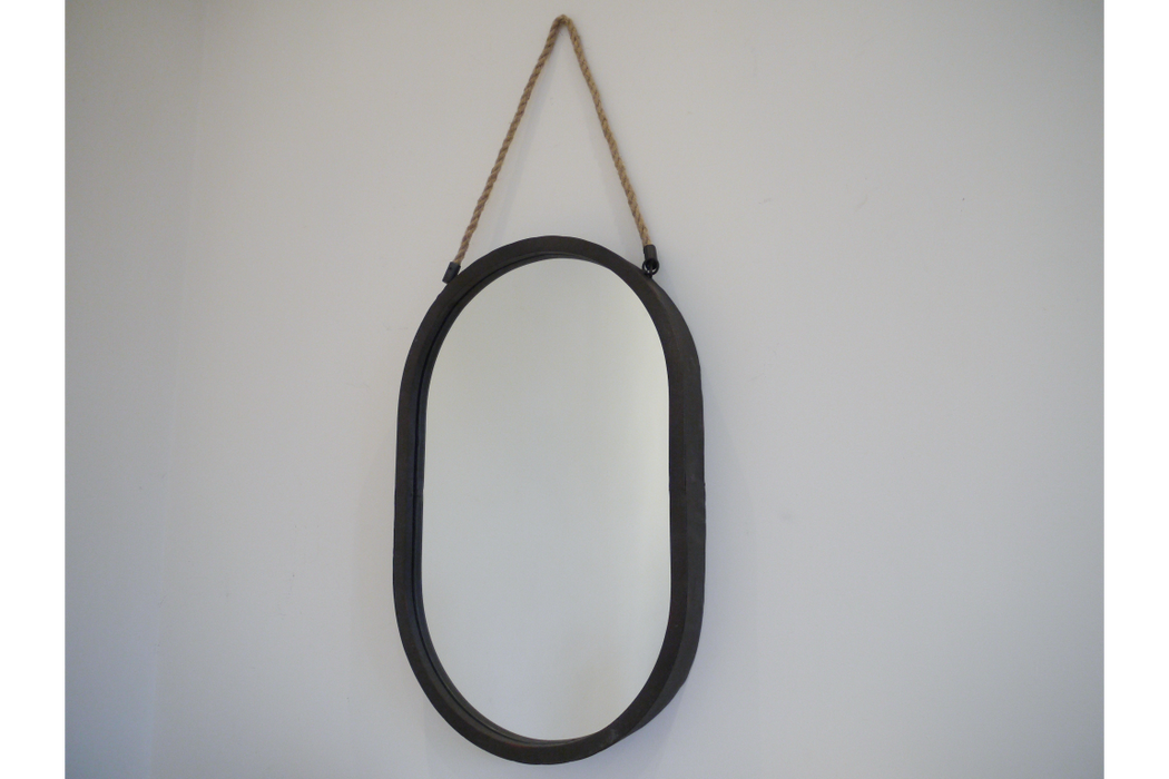 Rustic Black Oval Hanging Mirror With Rope