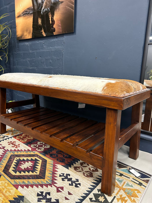 Metro Indoor Bench, Goat Hide Seat, Brown Wood Frame