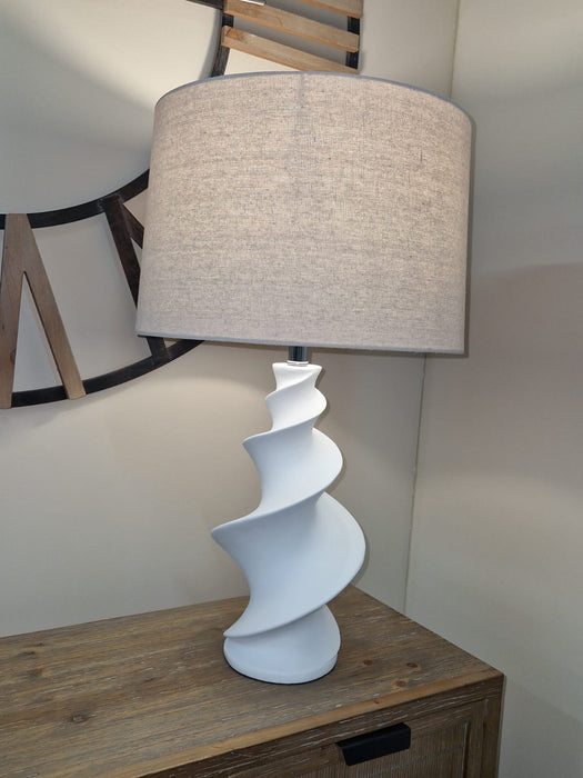 Modern White Swirl Ceramic Table Lamp with Linen Shade - 68cm