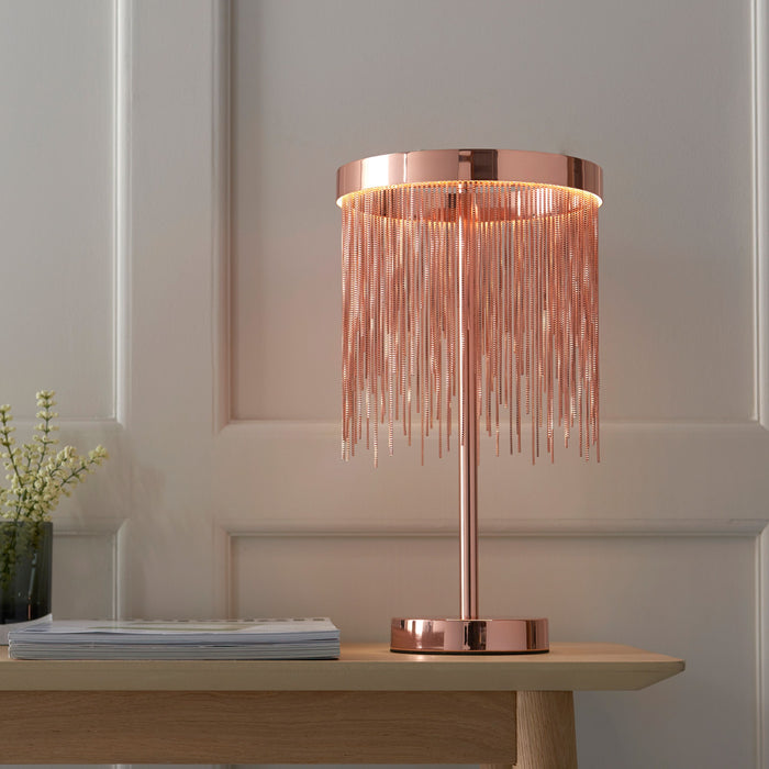 Zelma Copper Metal Table Lamp With Fringe Shade