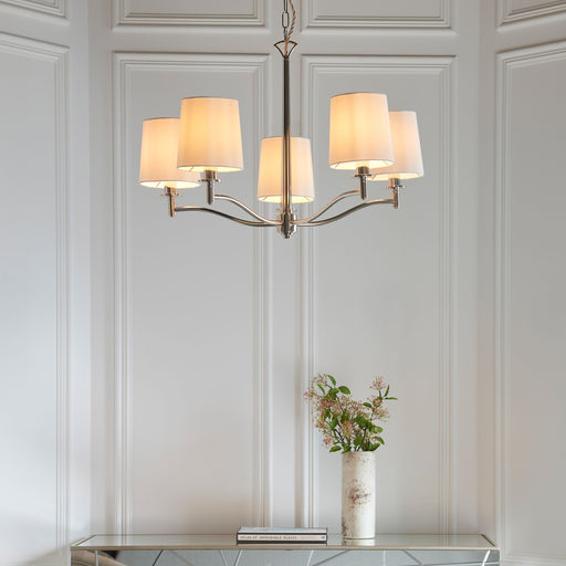 Ortona Large 5-Light Pendant Light with Matte Antique Brass Effect and Vintage White Faux Silk Shades