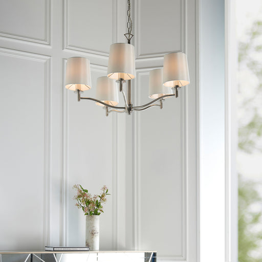 Ortona Large 5-Light Pendant Light with Matte Antique Brass Effect and Vintage White Faux Silk Shades