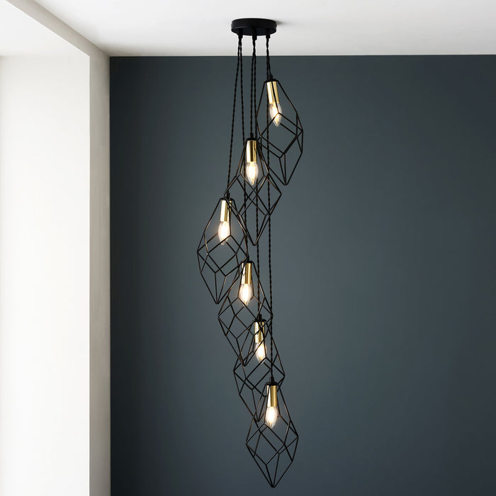 Jaxon 6 Pendant Light with Black and Gold Caged Shades