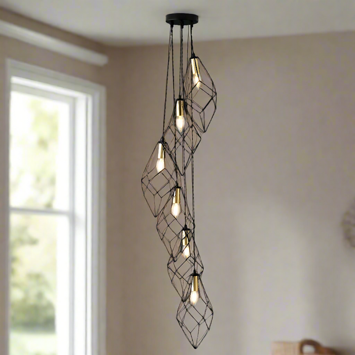 Jaxon 6 Pendant Light with Black and Gold Caged Shades