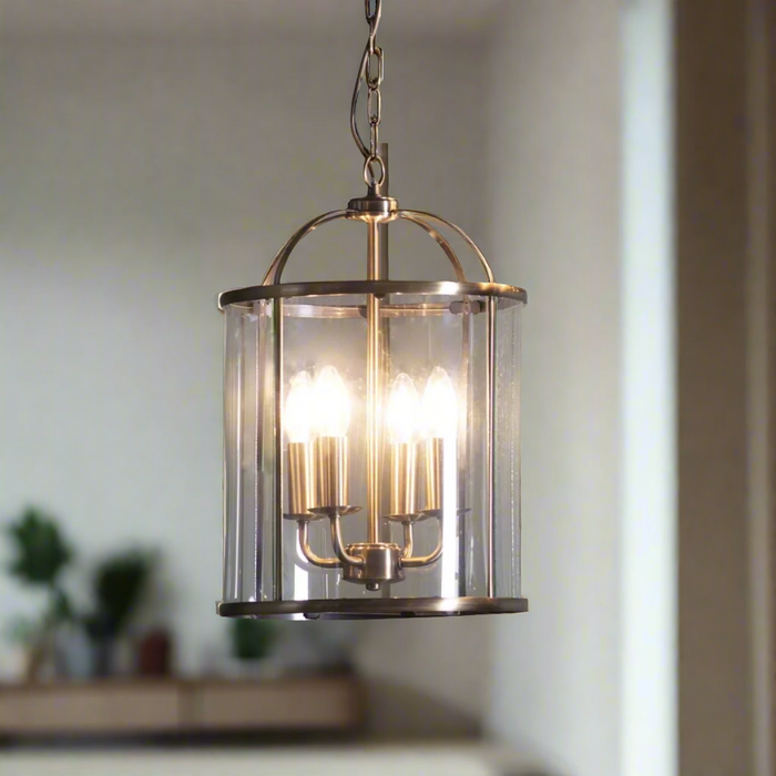 Lambeth Pendant Light with Antique Brass Finish and Clear Glass Panels