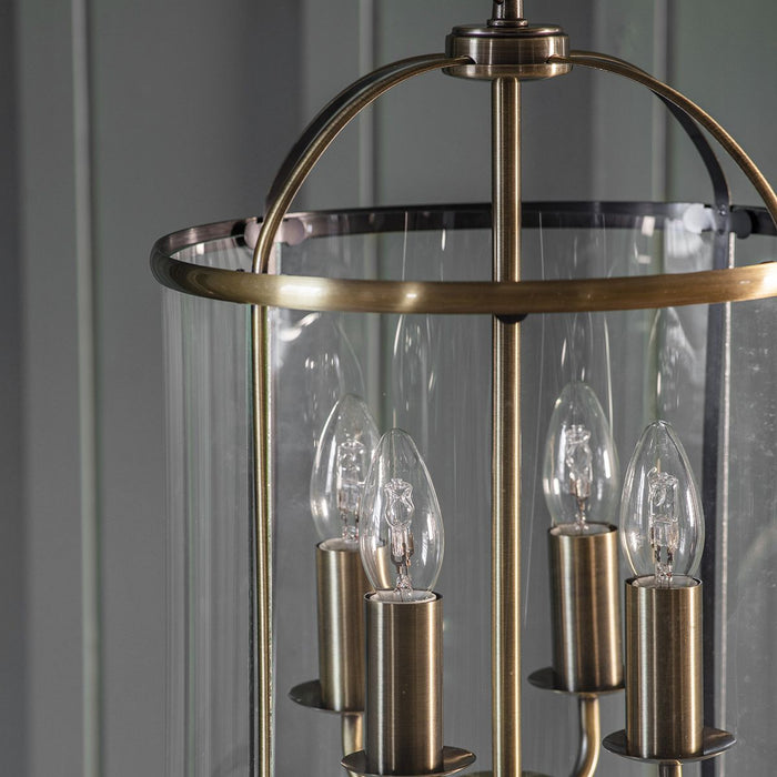 Lambeth Pendant Light with Antique Brass Finish and Clear Glass Panels