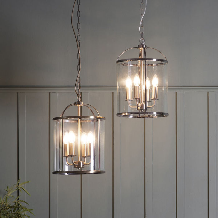 Lambeth Pendant Light with Antique Brass Finish and Clear Glass Panels