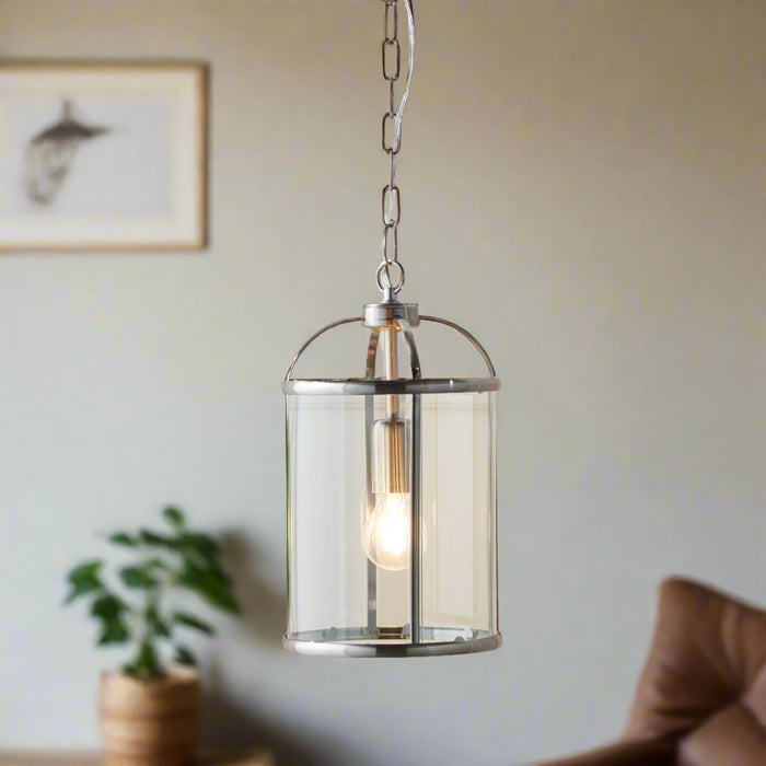 Lambeth Pendant Light Small Satin Nickel with Adjustable Drop and Clear Glass Panels