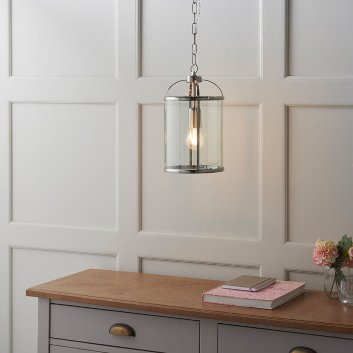 Lambeth Pendant Light Small Satin Nickel with Adjustable Drop and Clear Glass Panels