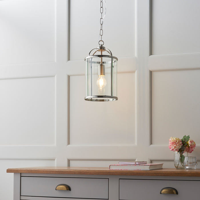 Lambeth Pendant Light Small Satin Nickel with Adjustable Drop and Clear Glass Panels