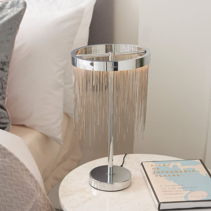 Zelma Chrome Metal Table Lamp With Fringe Shade