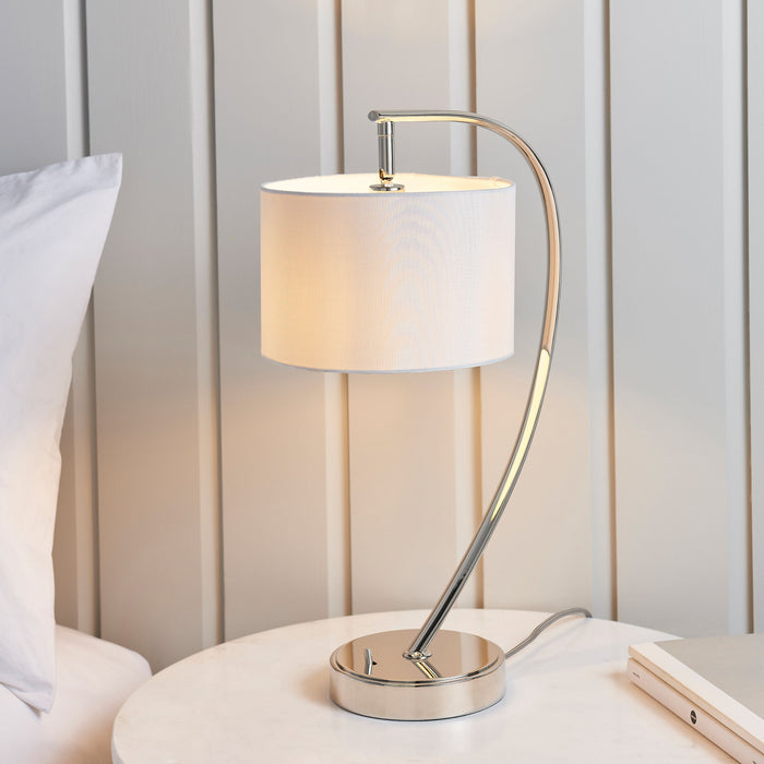 Modern Bright Nickel Table Lamp – Vintage White Shade & Sleek Design - Decor interiors