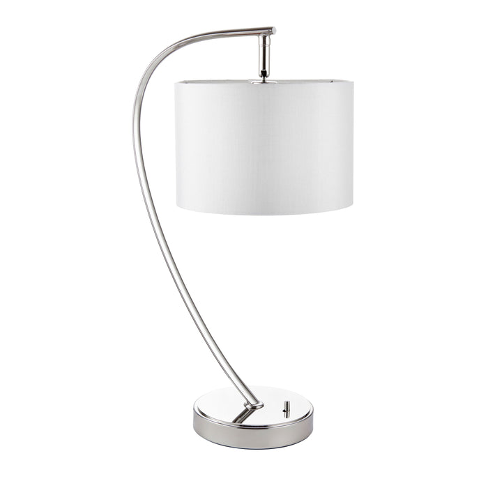 Modern Bright Nickel Table Lamp – Vintage White Shade & Sleek Design