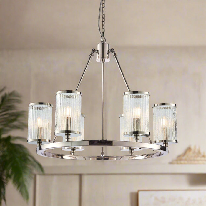 Easton Nickel & Glass 6 Pendant Ceiling Light Chandelier