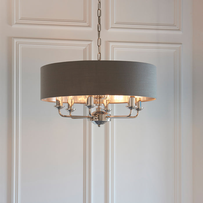 Highclere 8-Light Pendant in Charcoal Linen Mix and Bright Nickel