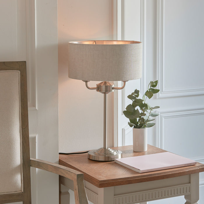 Clarence Contemporary Chrome Table Lamp, Natural Linen Shade