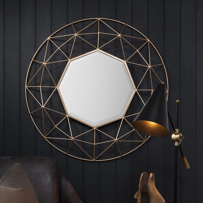 Beatrice Round Wall Mirror, Metal, Gold Finish, Geometric, 88.5cm