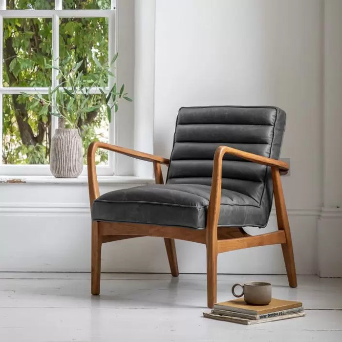 Sleek Charcoal Upholstered Lounge Chair – Oak Frame & Plush Comfort