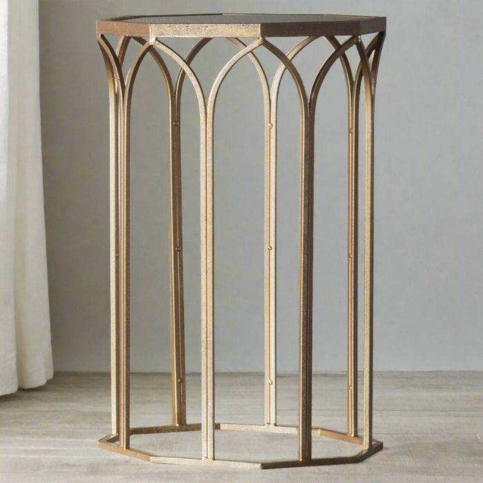 Contemporary Aged Gold Side Table with Beveled Glass Top