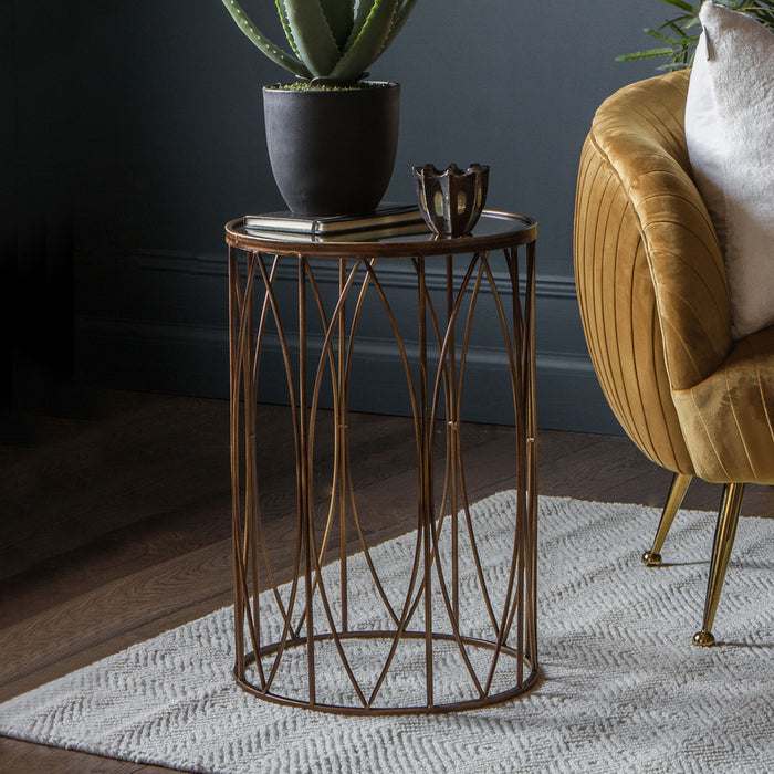 Beatrice Side Table, Gold Metal Frame, Distressed Mirror, Round Top