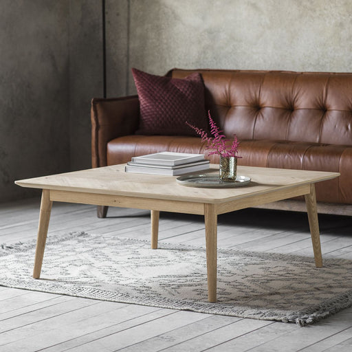 Elegant Oak Coffee Table – Chevron Pattern Top, Natural Finish & Sleek Design  