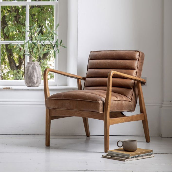 Dallas Armchair / Accent Chair, Tan Leather, Natural Wood Frame