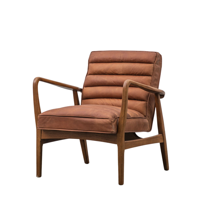 Dallas Armchair / Accent Chair, Tan Leather, Natural Wood Frame