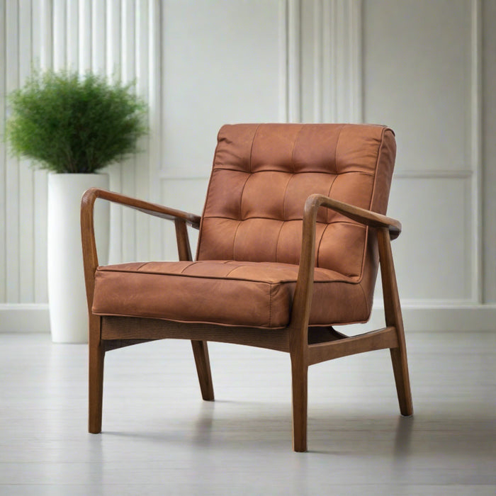 Hoxton Accent Armchair, Soft Vintage Brown Leather, Natural Oak Frame